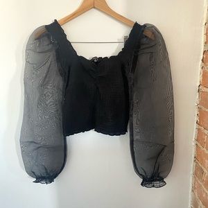 Black Smocked Crop Top w Sheer Puff Sleeves